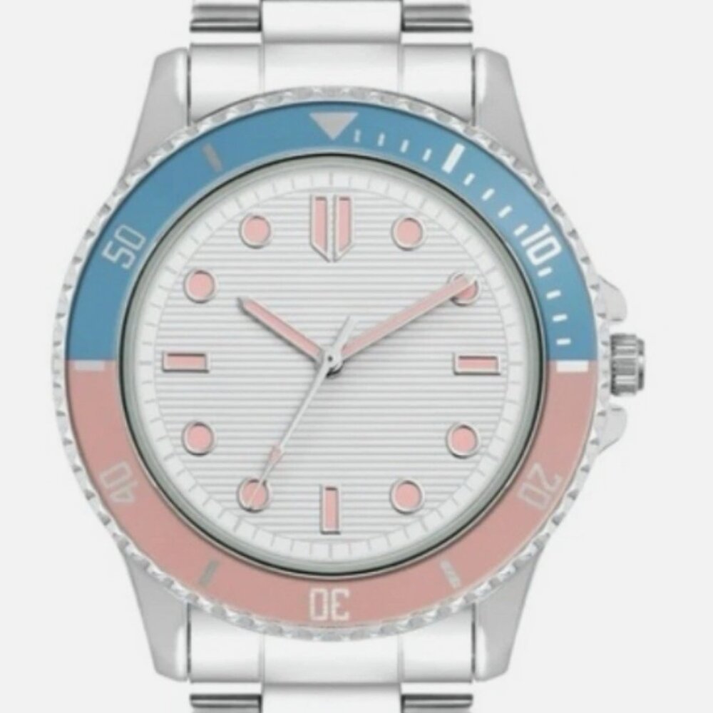 Time and Tru Silver Bracelet White Round Pink & Blue Bezel Casual Ladies Watch